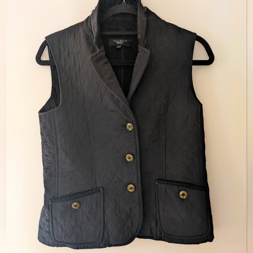 Talbots Black Diamond Quilted Vest Velour Lined Corduroy Collar Women's size S